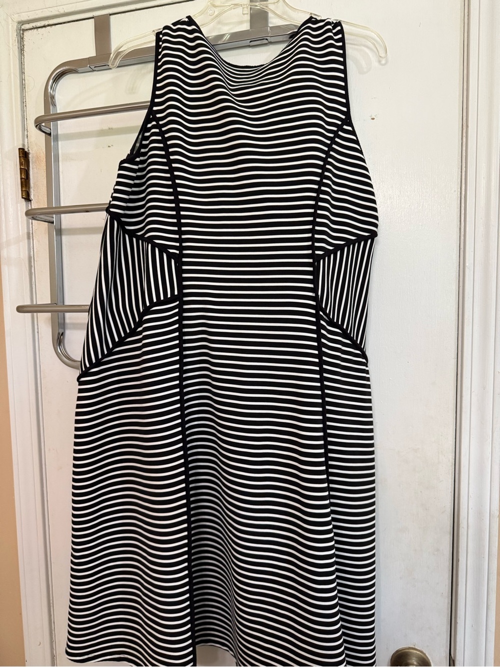 Karen Kane Black and White Striped Sleeveless Fit-and-Flare Dress